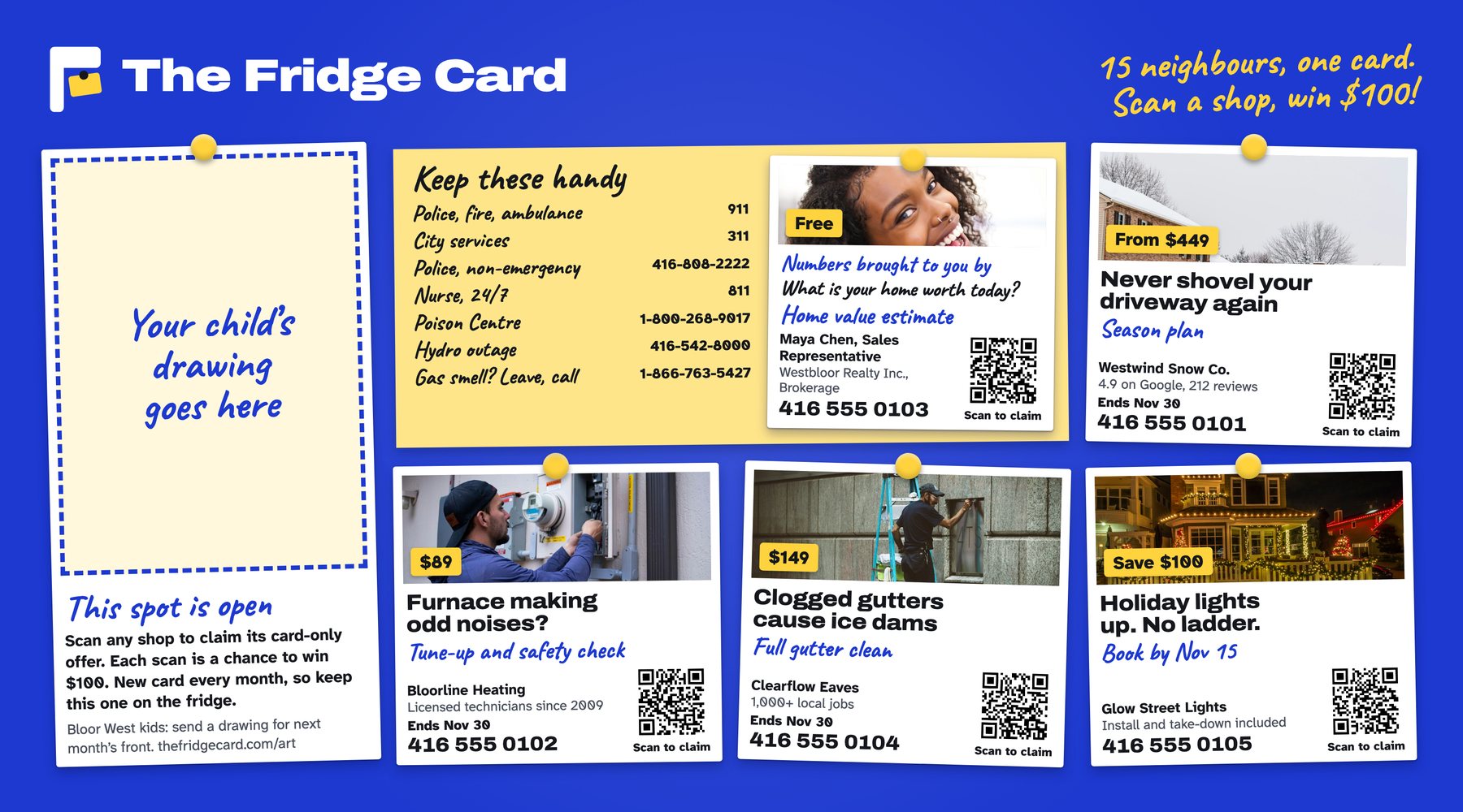 Front of the Fridge Card: cobalt blue with five local ads, a yellow note of fridge numbers and a space for a child's drawing